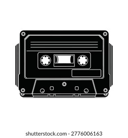A sleek black cassette tape vector illustration featuring a play button in the center, ready for retro media design projects.