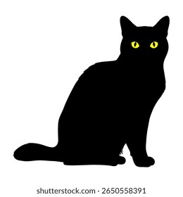 A sleek black cat with piercing yellow eyes sits patiently on a pure white background, its silhouette sharply defined. This minimalist vector illustration captures the feline's elegant form.