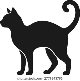 A sleek black cat silhouette with a curled tail, depicted in profile.