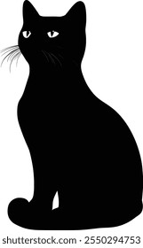 Sleek black cat silhouette isolated on white background