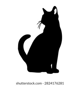 A sleek black cat silhouette with pointed ears and curved tail, set against a plain white background, emphasizing feline grace and mystery.