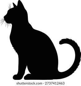 A sleek black cat silhouette sits gracefully, looking left with its tail curled. The minimalist design highlights the feline form against a white background.