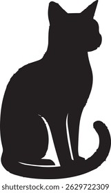 Sleek black cat sits, poised in quiet elegance.