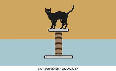 Sleek black cat standing proudly on top of a scratching post against a minimalist split yellow and blue background.