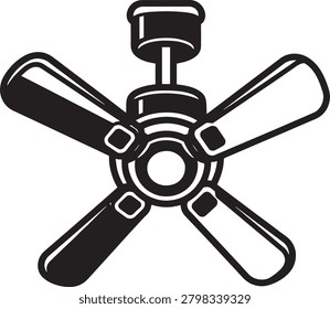A sleek black ceiling fan featuring four curved blades and a central light fixture, designed for contemporary interiors. Perfect for stock images needing stylish home decor elements.