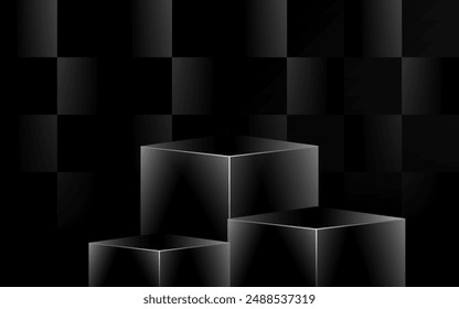 Sleek black checkered product background with a black box podium and stand. The minimalist design and contrasting shades of black highlight the geometric shapes, creating a modern and elegant look.