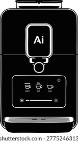 A sleek black coffee machine with a modern design and AI technology, featuring a digital display and various buttons on a pure white background.