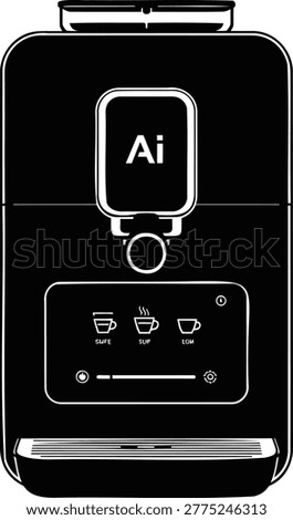 A sleek black coffee machine with a modern design and AI technology, featuring a digital display and various buttons on a pure white background.