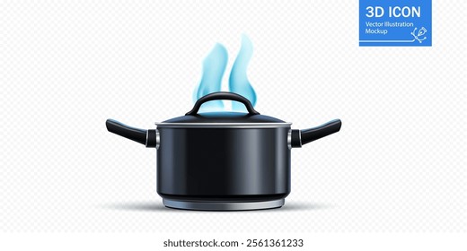 A sleek black cooking pot is positioned on a neutral background, with steam visibly rising from the lid. This design emphasizes practicality in culinary tasks.