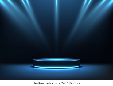 Sleek black cylindrical podium emits a vibrant blue glow, spotlight beams creating a futuristic tech product display, showcases, corporate events, and modern exhibition mockups