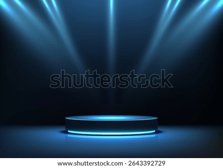 Sleek black cylindrical podium emits a vibrant blue glow, spotlight beams creating a futuristic tech product display, showcases, corporate events, and modern exhibition mockups