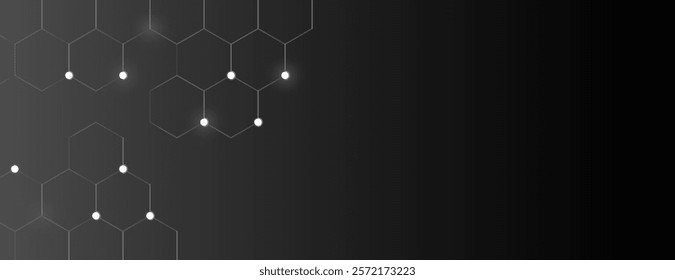 Sleek black digital background with a gradient effect. The background features a subtle black hexagonal pattern with glowing white nodes. Minimal abstract digital hexagon vector background