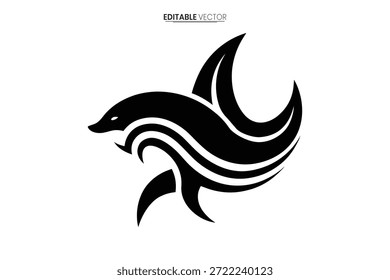 Una elegante ilustración de delfín negro con curvas dinámicas saltando elegantemente a través del agua.