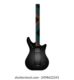 Sleek black electric guitar design featuring a vibrant, rainbow colored fretboard