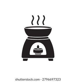 A sleek, black electric warmer with a round, elevated bowl emitting steam. The base features a lit indicator light, suggesting it is in use. The design is minimalist and modern, with a clean, monochro.