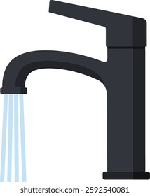 A sleek black faucet elegantly dispenses clear water, emphasizing modern design and simplicity, creating a fresh and functional atmosphere in any setting.