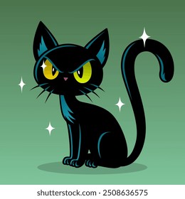 Um felino preto elegante com olhos amarelos luminosos, rodeado por brilhos mágicos