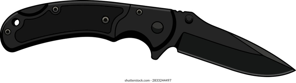 A sleek black folding pocket knife isolated on a white background, illustrated in a clean graphic style.