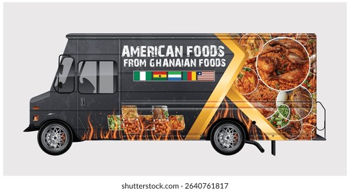 A sleek, black food truck design featuring vibrant images of delicious Ghanaian-inspired American food.