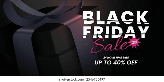 A sleek Black Friday sale design featuring a dark, elegant background with a ribbon gift box element, modern typography, and contrasting accents in vibrant pink and white tones.