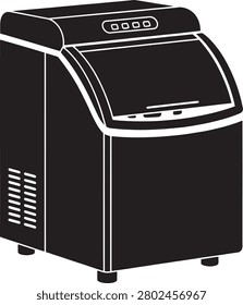 A sleek black ice maker machine featuring a digital control panel and front door, designed for home or commercial use to produce ice cubes efficiently.