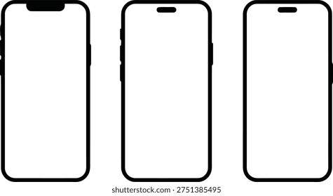 Sleek black mobile phone frames with empty white screens, showcasing diverse notch designs for app demonstrations and product visuals.