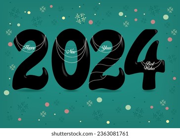A sleek black number 2024 adorned with white pearl collars and pendant-like texts conveying 'Happy New Year' and 'Best Wishes.' Against a green backdrop with a shower of colorful confetti