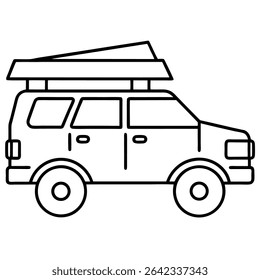 Uma elegante ilustração em contorno preto retrata um veículo robusto, provavelmente um SUV, equipado com uma tenda no último piso, perfeito para aventuras ao ar livre.