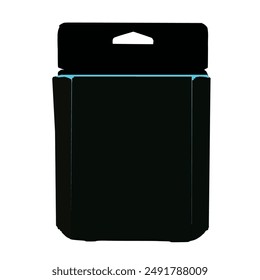 Sleek black packaging box with hanging tab. Vector image shows minimalist design. Blue accent line at top. edges highlight shape.