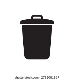 A sleek, black plastic trash bin with a lid and two side handles is prominently displayed against a plain, light-colored background. The bin has a simple, cylindrical shape with a slightly tapered top.