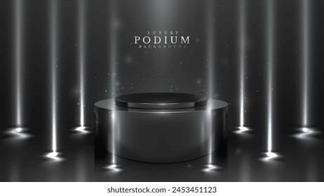 Schlankes schwarzes Podium mit Spotlight und funkelnden Teilchen, luxuriöses Dark Scene Design-Konzept, Vektorillustration.