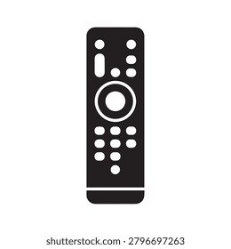 A sleek, black remote control icon featuring a minimalist design with white circular and directional buttons. The layout includes a central navigation pad surrounded by numbered keys and additional fu.