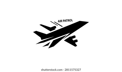 A sleek black silhouette of an airplane in flight representing an air patrol concept isolated on a white background
