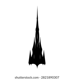A sleek, black silhouette of a contemporary skyscraper with sharp angles and a pointed top, set against a bright, cloudless sky.