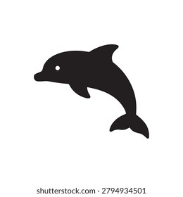 A sleek black silhouette of a dolphin captured mid-leap, facing slightly to the right. The image features a minimalist style with no background details, emphasizing the dolphin’s fluid form and dynami.