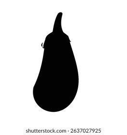 A sleek black silhouette eggplant vector, showcasing a minimalist outline with its distinctive curved shape and subtle leaf details. Set against a white background, this elegant design is perfect 
