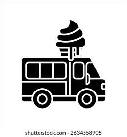 A sleek black silhouette icon of an ice cream truck, depicted with a serving window, perfect for food and summer designs.