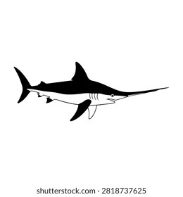 A sleek black silhouette of a marlin fish swimming swiftly through water, showcasing its elongated body and distinctive dorsal fin.