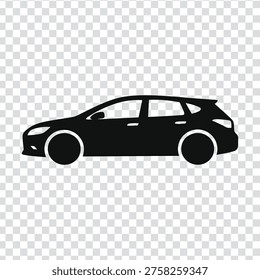 A sleek black silhouette of a modern hatchback car with a sporty design, featuring a sloping roofline and angular headlights, set against a transparent gray and white checkerboard background