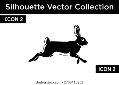 Una silueta negra elegante de un conejo en una pose dinámica de correr o saltar, aislada sobre un fondo blanco. Ideal para diseños de animales y naturaleza.