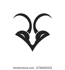 A sleek black silhouette of a stylized ram's head with curved horns, set against a pure white background, creating a striking contrast with smooth curved lines