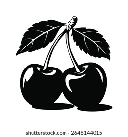 A sleek black silhouette of two cherries with leaves, showcasing their glossy appearance. This classic design is perfect for food-related projects, retro themes, or any creative work that celebrates.