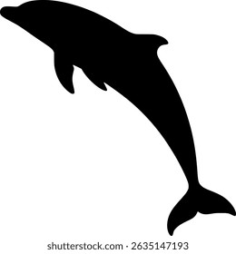 A sleek black silhouette vector of a dolphin mid-jump, isolated on white, elegant and minimal marine life design.