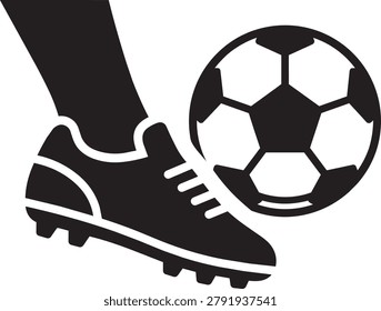 A sleek black soccer cleat in mid-action, striking a traditional black and white soccer ball. The image captures the dynamic motion of a powerful kick, ideal for sports, fitness, or action-themed content. Perfect for illustrating soccer, football, or athletic activities in a clean and modern style.