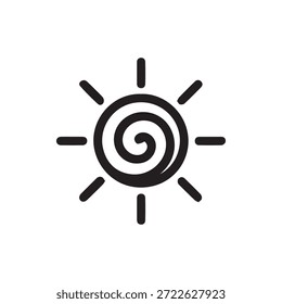 Un elegante icono de sol negro con una espiral central y rayos que irradian hacia afuera sobre un fondo blanco. Ideal para diseños de calidez y energía en verano.