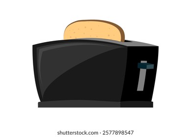 A sleek black toaster is seen with a piece of lightly toasted bread emerging. This appliance showcases a modern kitchen aesthetic during breakfast time.