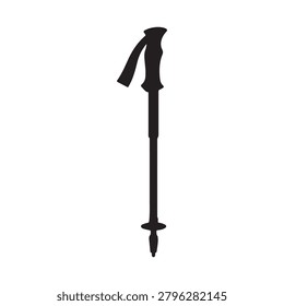 A sleek, black trekking pole with a looped strap near the top and a pointed metal tip at the bottom, set against a plain white background. The design emphasizes simplicity and functionality with a cle.