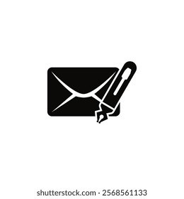 Sleek black vector icon depicting an envelope and pen for email correspondence.