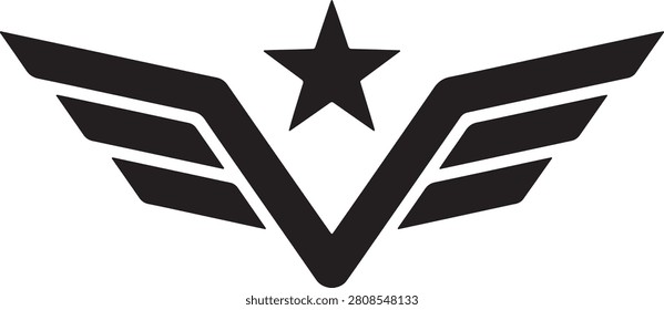 A sleek black vector logo combining a dynamic 'V' shape with strong wings and a central star, representing triumph and leadership.