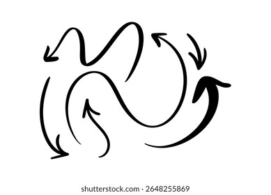 Sleek, black wavy arrow vector with smooth, flowing curves. Ideal for presentations, infographics, and creative design projects, symbolizing direction or flow.